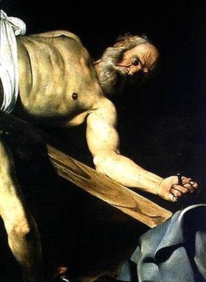 Caravaggio - The Crucifixion of St. Peter, detail of St. Peter, 1600-01